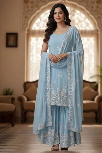 pastel blue embroidered suit set 