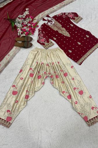 deep maroon heavily embroidered kurta set