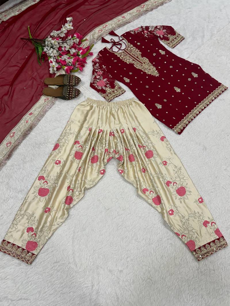 deep maroon heavily embroidered kurta set