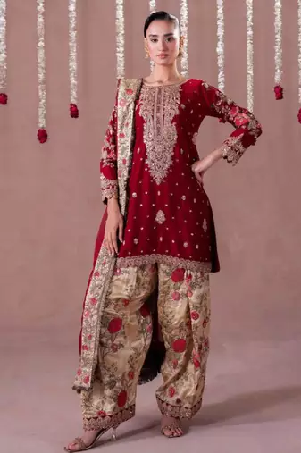 deep maroon heavily embroidered kurta set