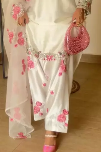 luxe pearl white satin patiala suit set 