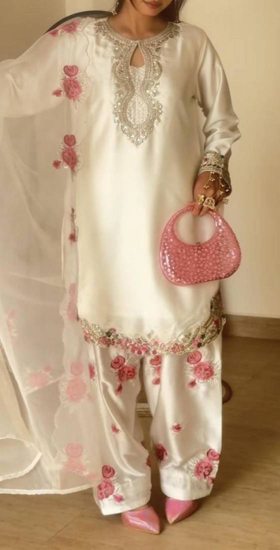 luxe pearl white satin patiala suit set 