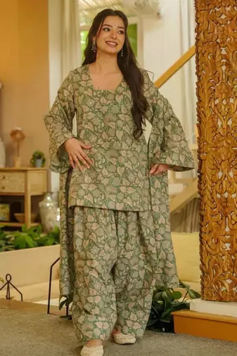 light olive floral printed cotton blend co-ord set