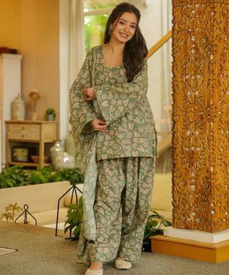 light olive floral printed cotton blend co-ord set 3