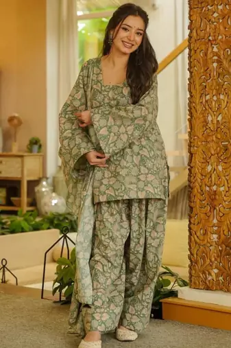 light olive floral printed cotton blend co-ord set