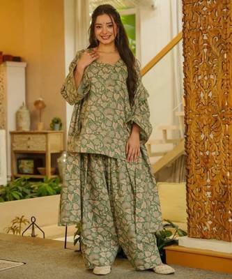 light olive floral printed cotton blend co-ord set 1