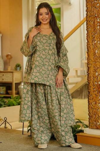 light olive floral printed cotton blend co-ord set