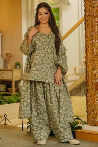 light olive floral printed cotton blend co-ord set