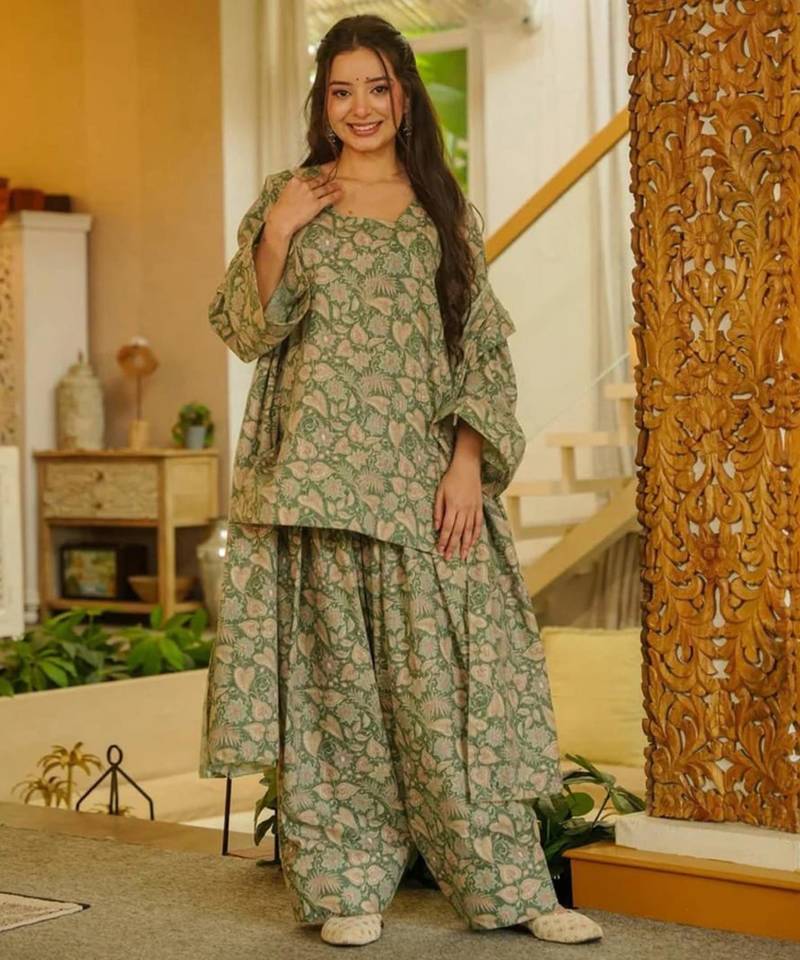 light olive floral printed cotton blend co-ord set