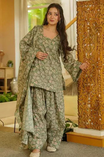 light olive floral printed cotton blend co-ord set