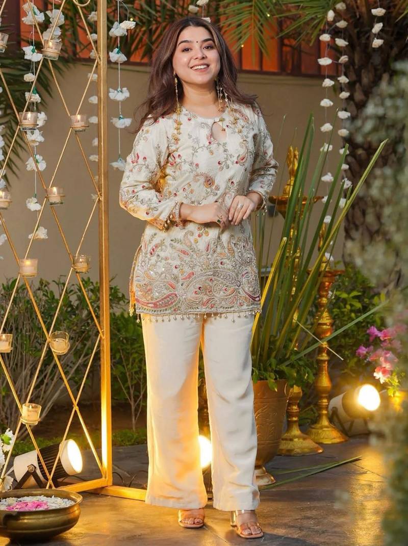 Cream georgette short tunic with intricate paisley zardosi embroidery