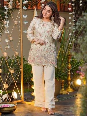 Cream georgette short tunic with intricate paisley zardosi embroidery 4
