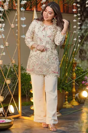 Cream georgette short tunic with intricate paisley zardosi embroidery