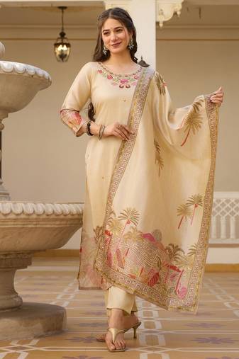 beige cotton silk kurta set