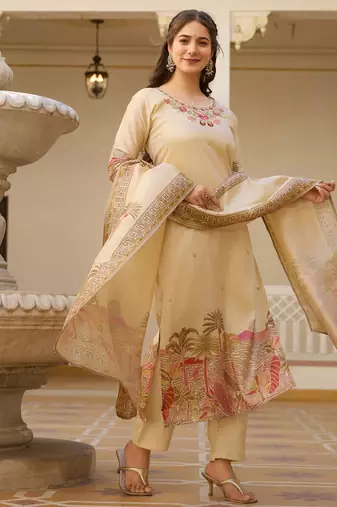 beige cotton silk kurta set