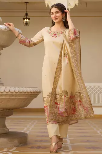 beige cotton silk kurta set