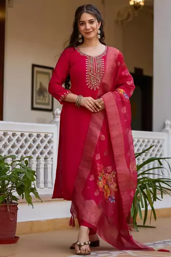 dark rani pink festive kurta set