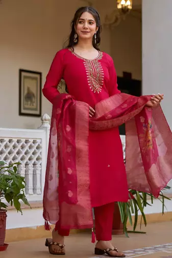 dark rani pink festive kurta set
