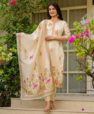 beige cotton silk embroidered kurta set 1