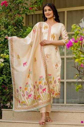 beige cotton silk embroidered kurta set