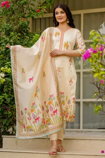 beige cotton silk embroidered kurta set