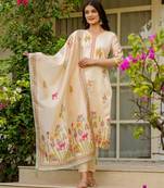 beige cotton silk embroidered kurta set