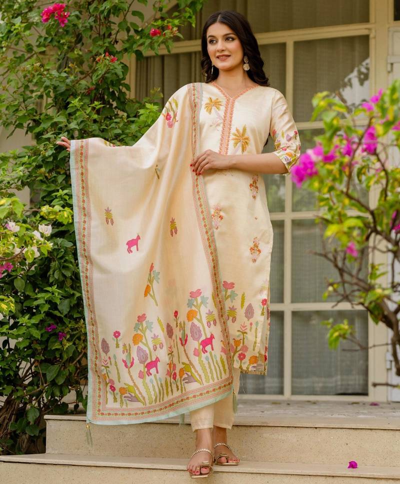 beige cotton silk embroidered kurta set