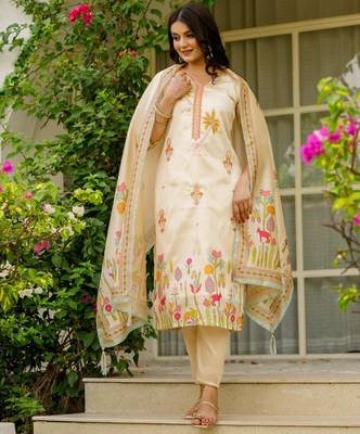 beige cotton silk embroidered kurta set 2