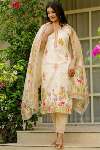beige cotton silk embroidered kurta set