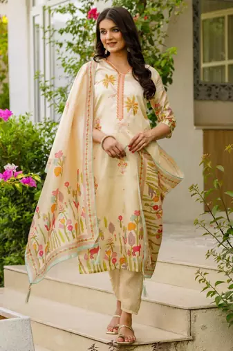 beige cotton silk embroidered kurta set