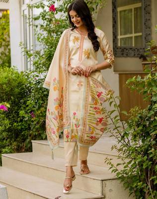 beige cotton silk embroidered kurta set 4