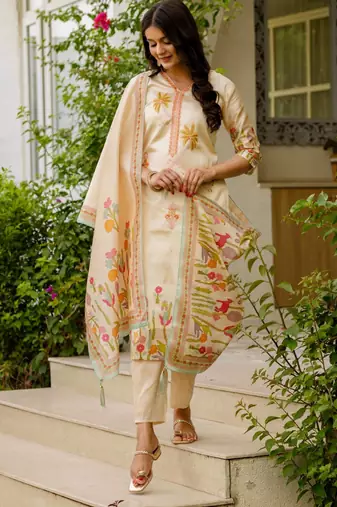 beige cotton silk embroidered kurta set