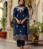 Teal blue silk kurta with geometric zari hem and floral dupatta