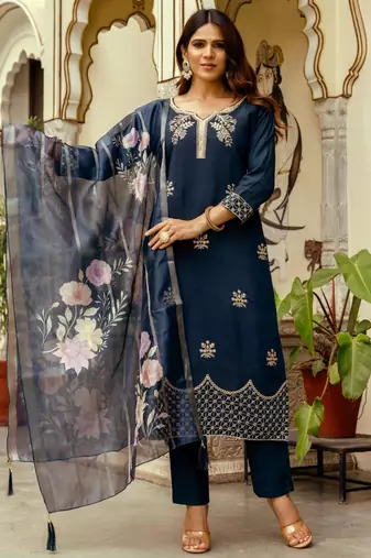 Teal blue silk kurta with geometric zari hem and floral dupatta