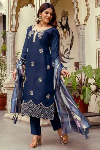 Teal blue silk kurta with geometric zari hem and floral dupatta