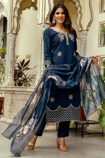Teal blue silk kurta with geometric zari hem and floral dupatta