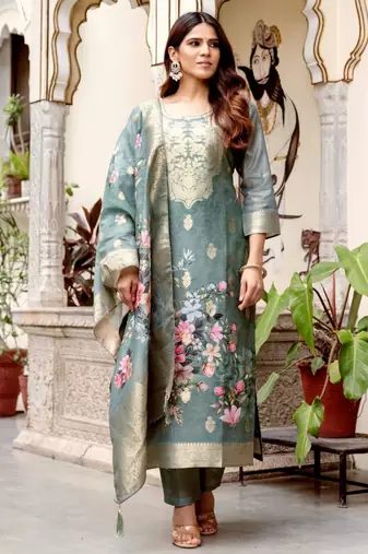 grey floral printed kurta set