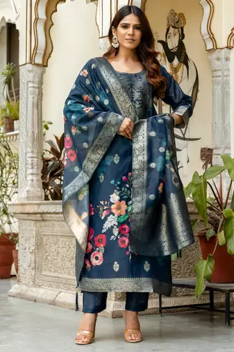 blue floral printed kurta set