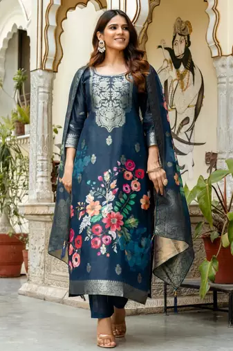 blue floral printed kurta set