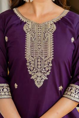 purple silk blend embroidered kurta set 2