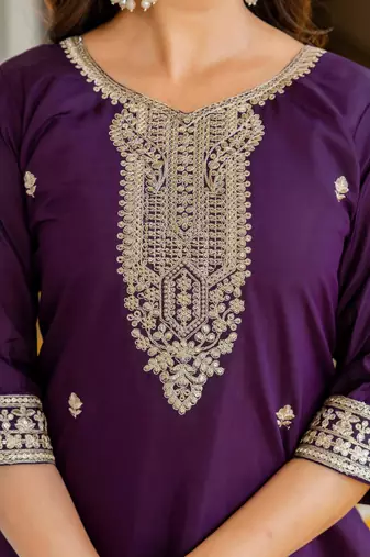 purple silk blend embroidered kurta set