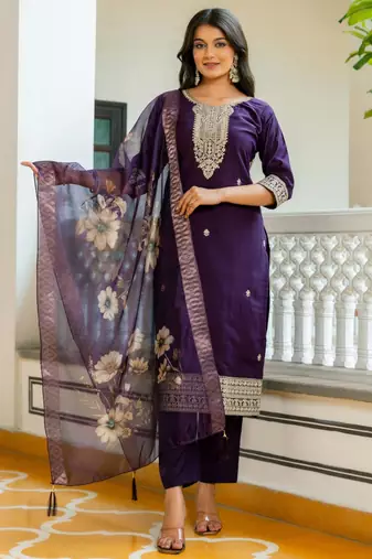 purple silk blend embroidered kurta set