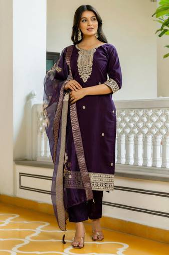 purple silk blend embroidered kurta set