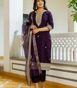 purple silk blend embroidered kurta set