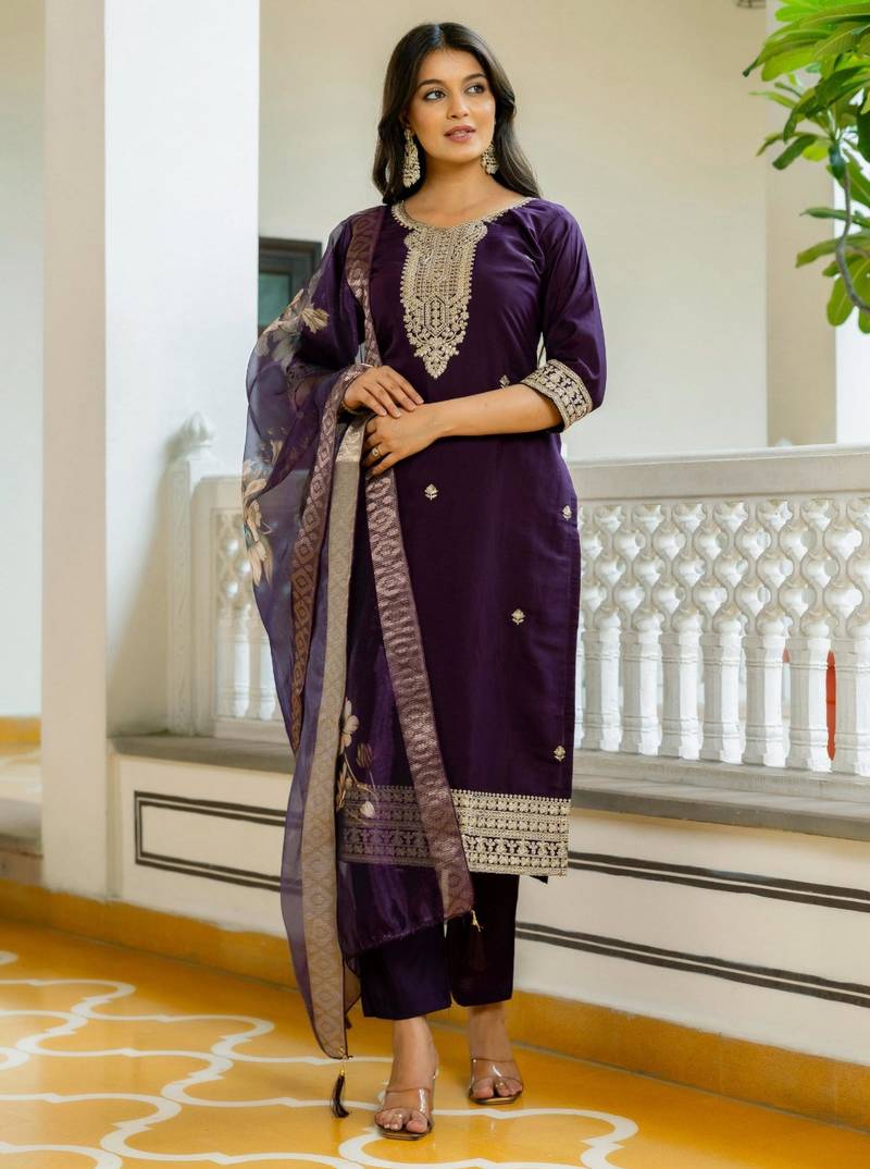 purple silk blend embroidered kurta set