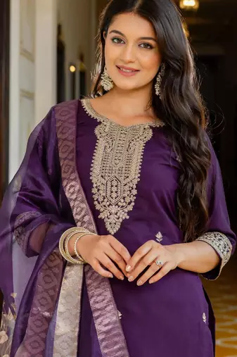 purple silk blend embroidered kurta set