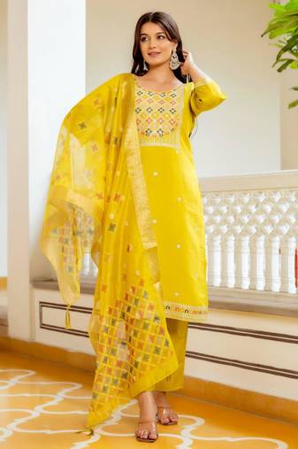 yellow embroidered kurta set