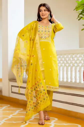 yellow embroidered kurta set