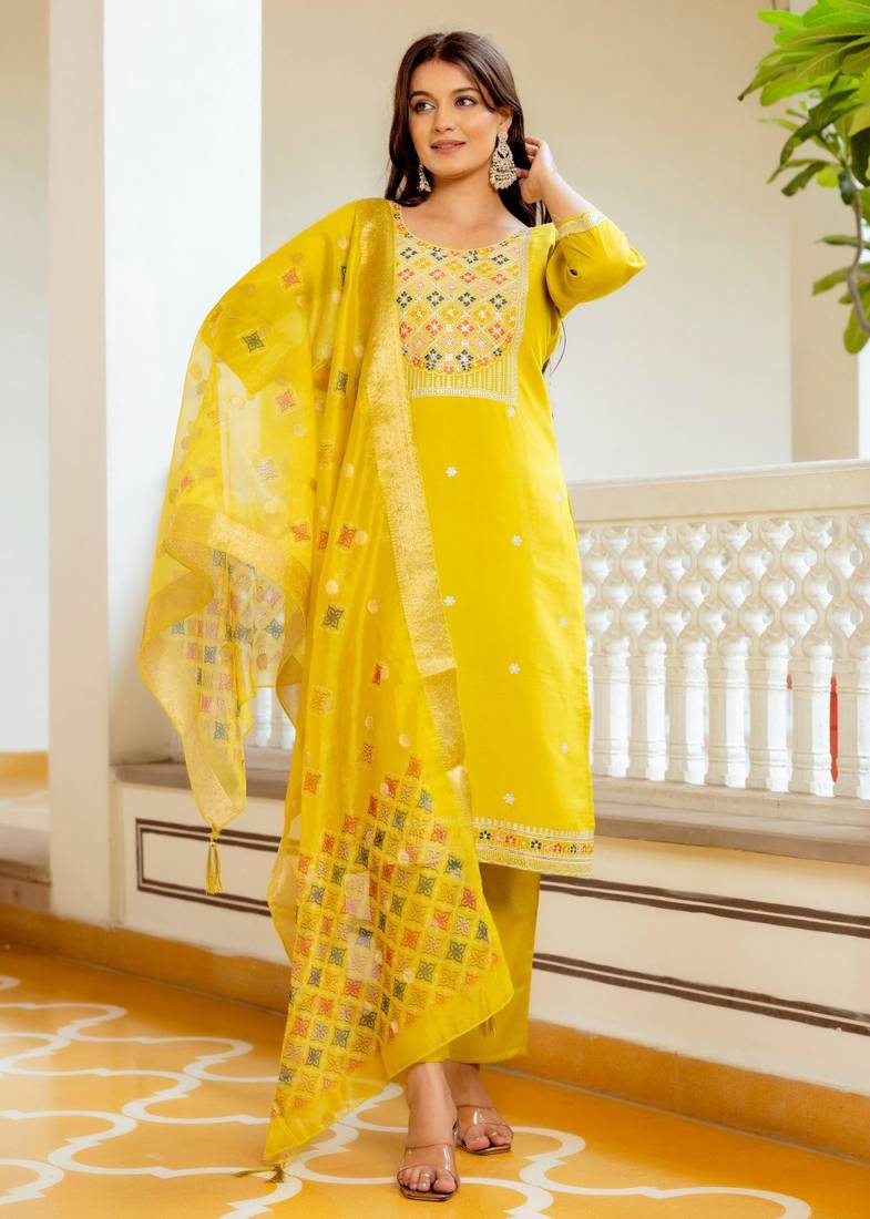 yellow embroidered kurta set