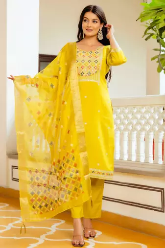 yellow embroidered kurta set